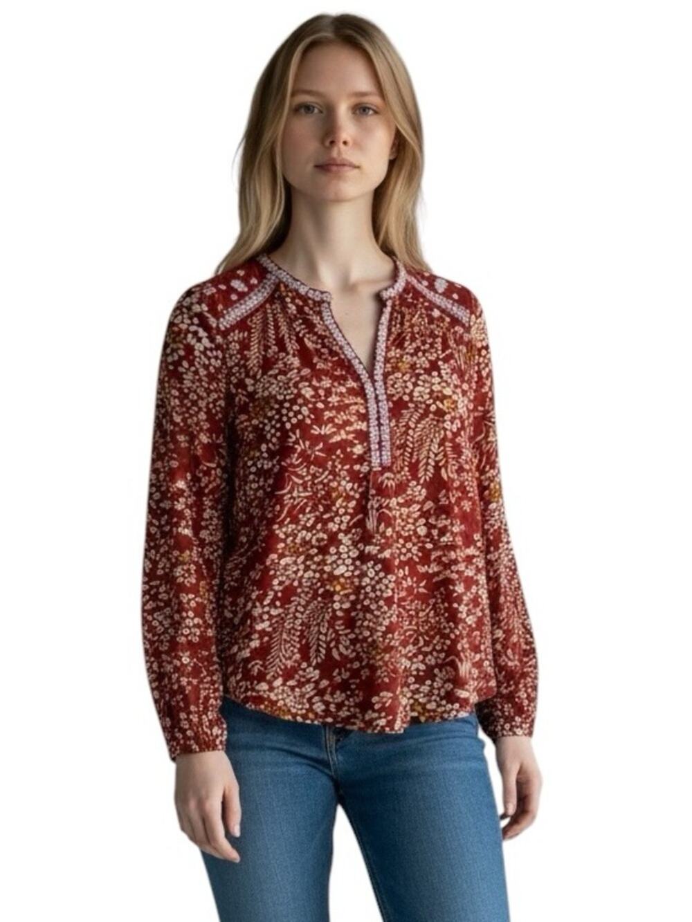Lucky Brand Red Floral Embroidered Boho Peasant Blouse Long Sleeve V-Neck Large